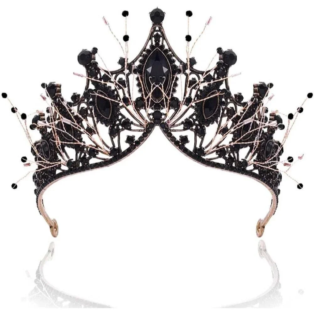Baroque Black Crown Rhinestone Tiara Bridal Prom Hair Accessory for Women Girls